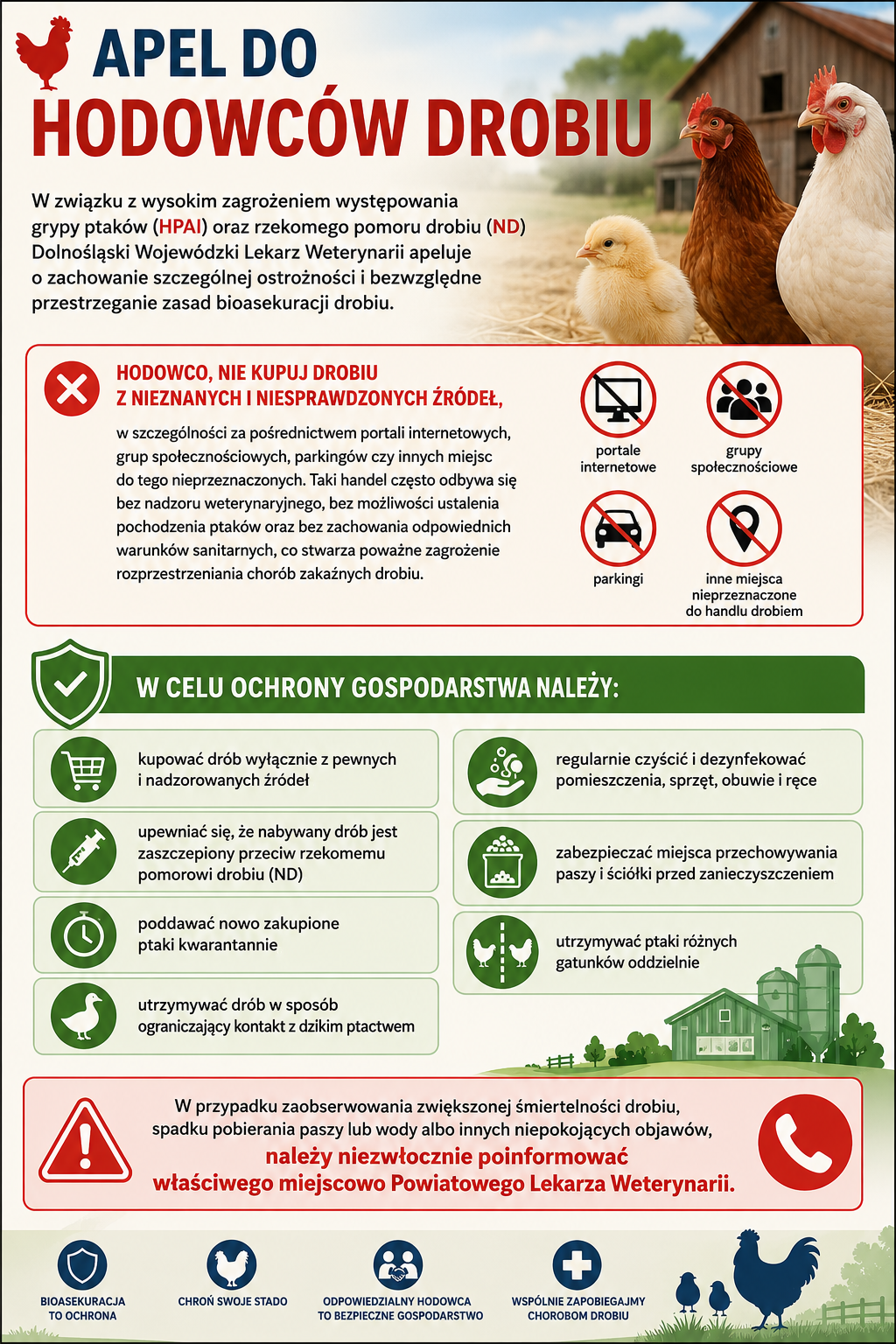 Plakat informacyjny Dolnośląskiego Wojewódzkiego Lekarza Weterynarii zatytułowany „Apel do hodowców drobiu”. Ostrzega przed ptasią grypą (HPAI) i rzekomym pomorem drobiu (ND). Grafika zabrania kupowania drobiu z niesprawdzonych źródeł (Internet, parkingi) i przedstawia 7 zasad bioasekuracji, m.in.: kwarantannę, szczepienia, dezynfekcję, izolację od dzikich ptaków i oddzielanie gatunków. Wzywa do zgłaszania objawów chorobowych do Powiatowego Lekarza Weterynarii. Zawiera logo Inspektoratu oraz adres strony wroc.wiw.gov.pl.